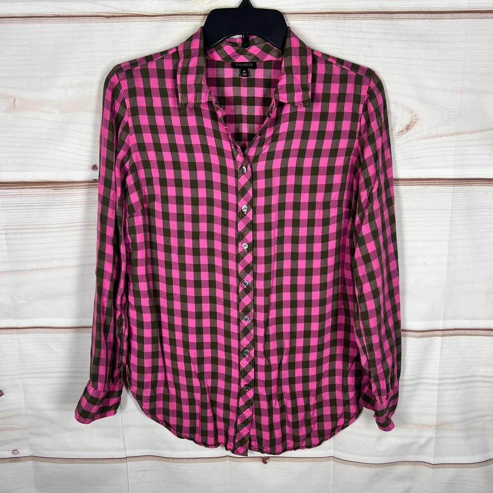 Talbots‎ Top Womens Medium Pink Green Check Shirt Button Up Lightweight Collar